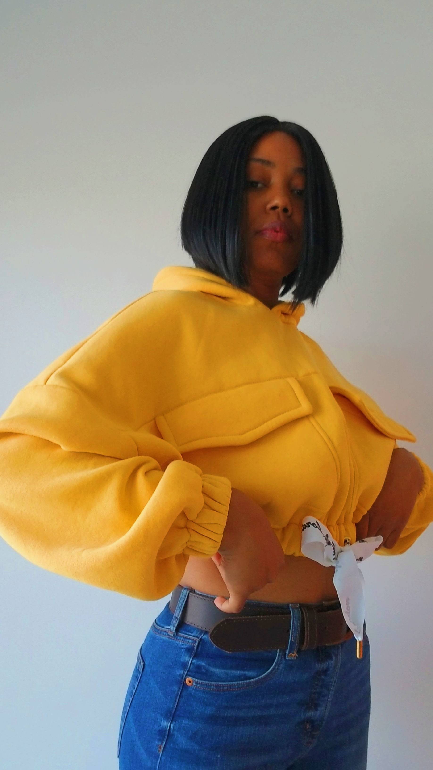 Yellow cropped hoodie sale