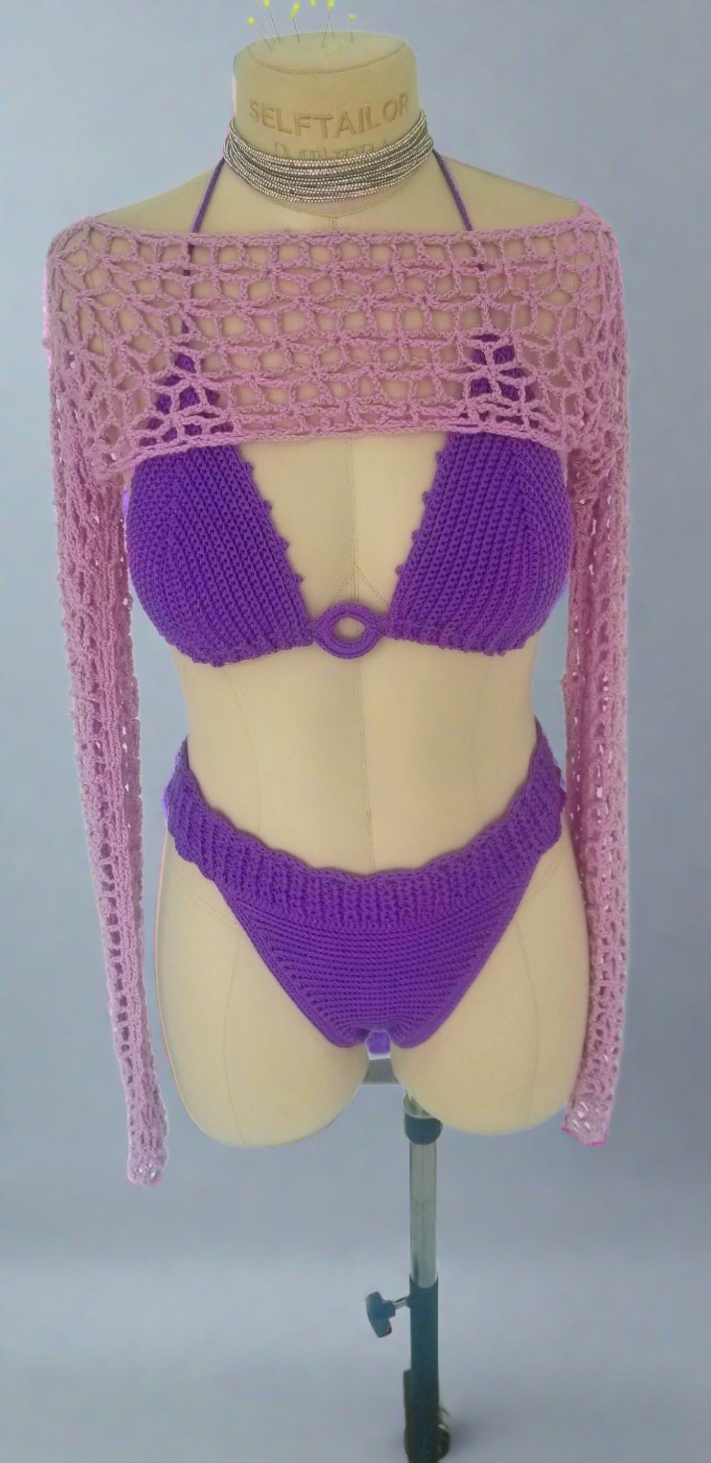 Crochet Top Cover up mannequin wearing a purple bikini cover up top