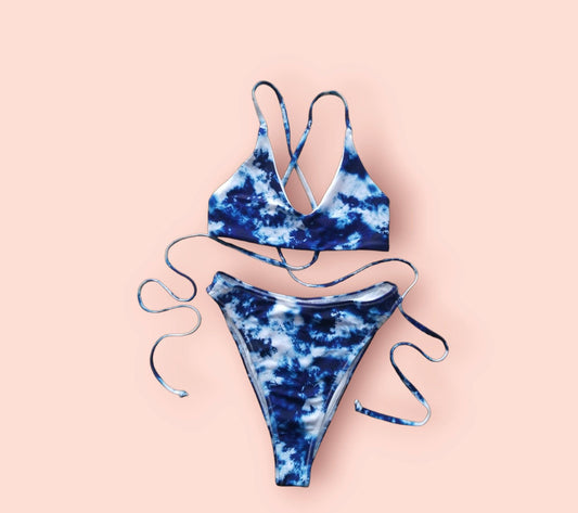 a blue and white bikini with a tie dye pattern