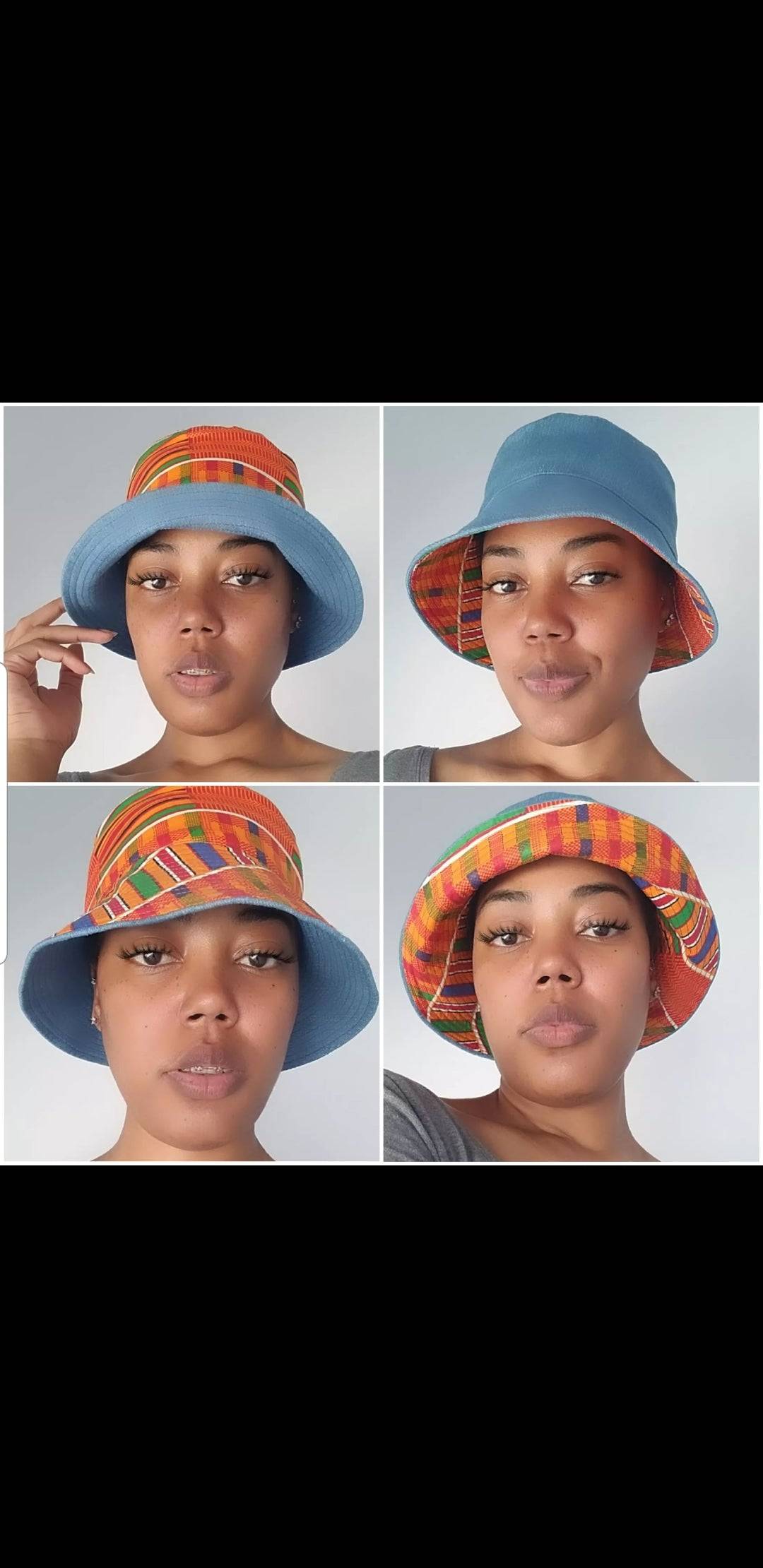 a series of photos of a woman wearing a colorful hat