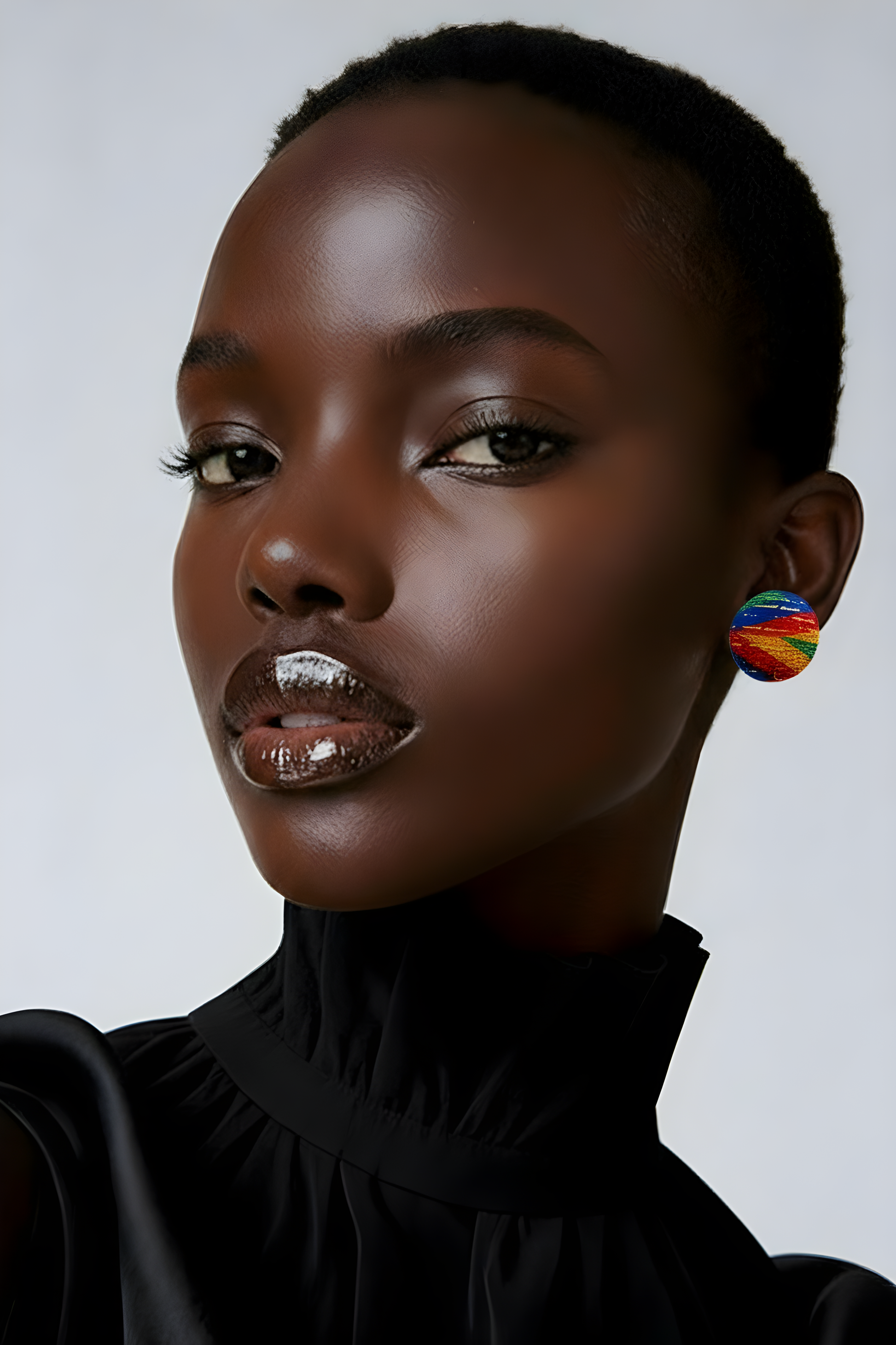 Amina oversized fabric stud earrings in a colorful rainbow Kente-inspired print, showcased on a model.