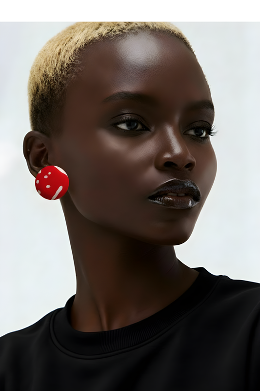 Close-up of Scope and Flow Amina oversized button stud earrings in a vibrant red and black Ankara print fabric.