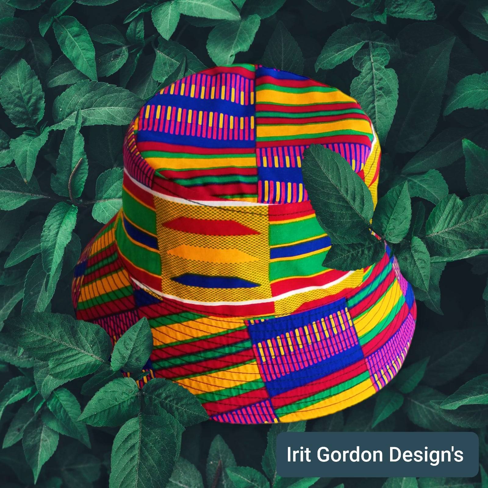 Front view of the Scope and Flow reversible bucket hat featuring a bold indigo and white tribal geometric print.