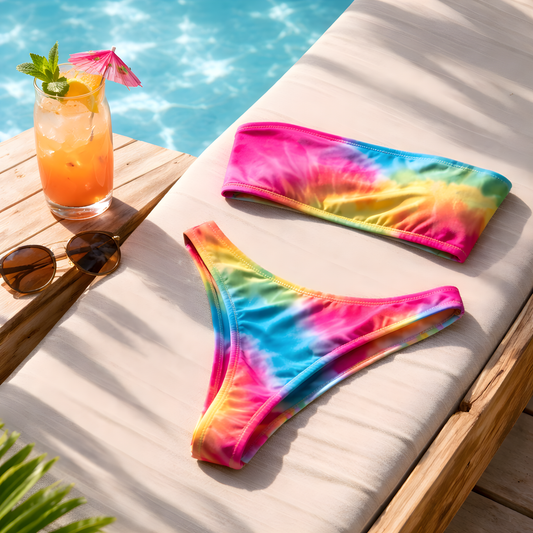 Front view of the Solaris tie-dye bikini bottoms by Scope and Flow, showing the sleek slip-on design and vibrant sunset colors.